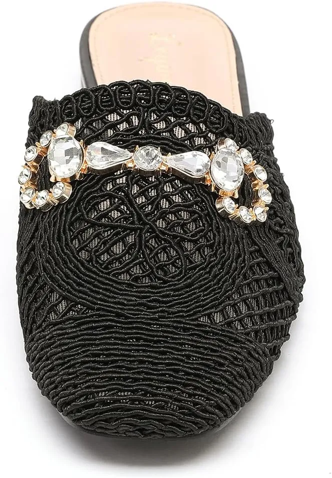 Lryweisy Women Weave Mules Comfortable Mesh Clogs with Glitter Rhinestones Buckle