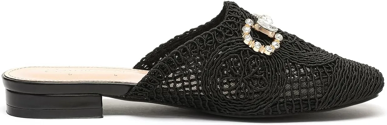 Lryweisy Women Weave Mules Comfortable Mesh Clogs with Glitter Rhinestones Buckle