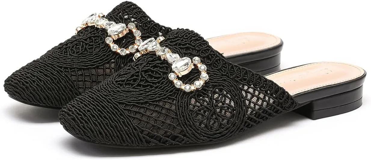 Lryweisy Women Weave Mules Comfortable Mesh Clogs with Glitter Rhinestones Buckle
