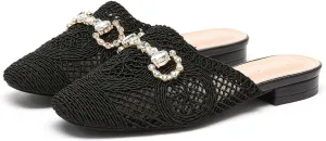 Lryweisy Women Weave Mules Comfortable Mesh Clogs with Glitter Rhinestones Buckle