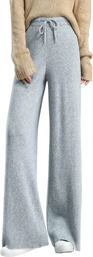 Lucrosun Women's Wide Leg Rib Knit Pants Tie Front Elastic Waist Sweater Pants