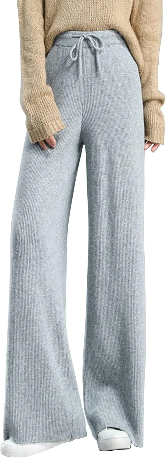 Lucrosun Women's Wide Leg Rib Knit Pants Tie Front Elastic Waist Sweater Pants