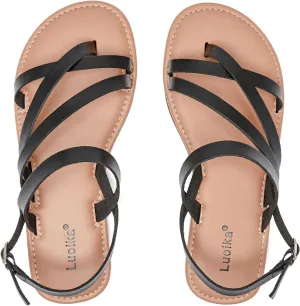Luoika Women's Wide Width Flat Sandals, Flip Flop Casual Strapy Sandals Slip on Summer Beach Shoes for Women.