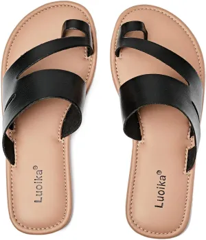 Luoika Women's Wide Width Flat Sandals, Flip Flop Slides Sandal Casual Strapy Sandal Slip on Summer Beach Shoes for Women.