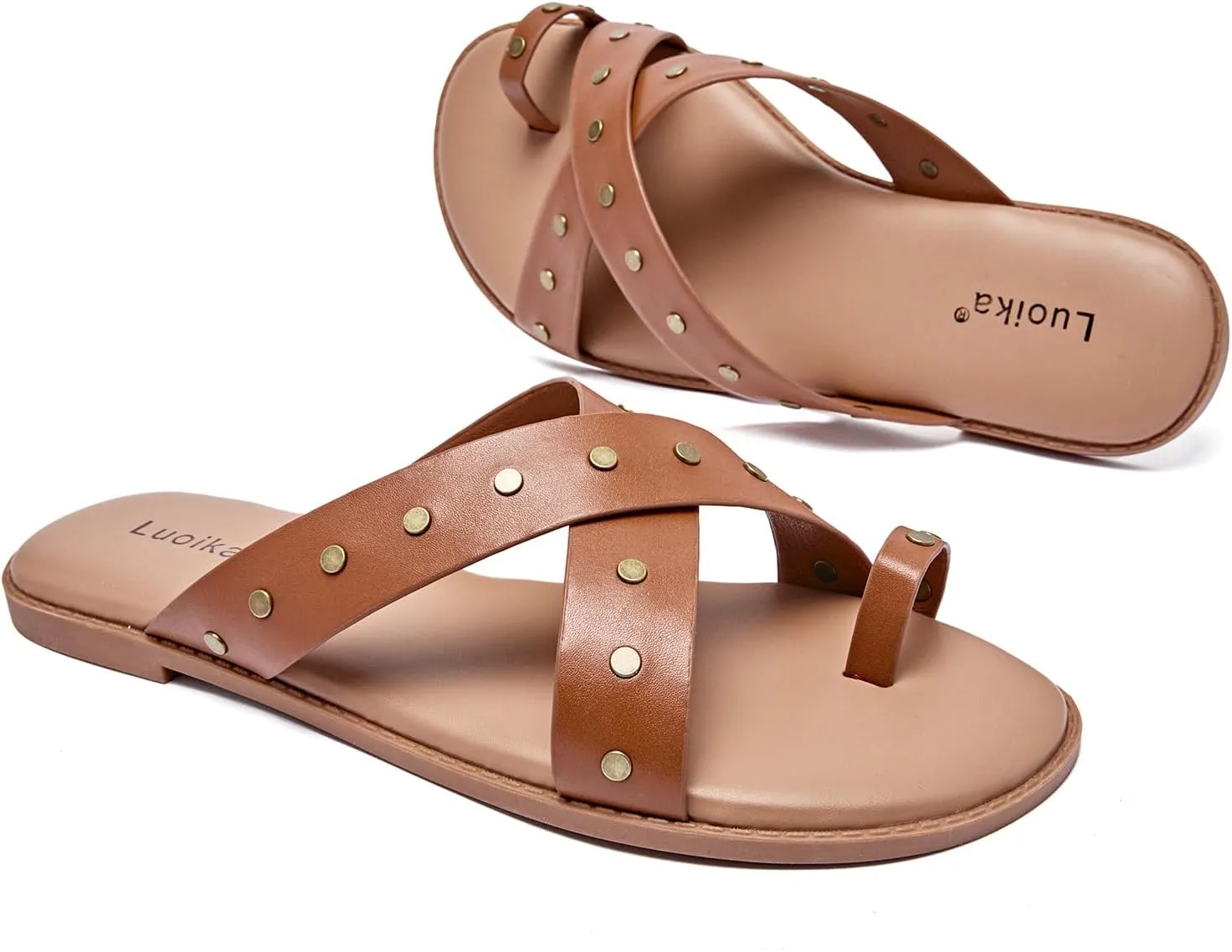 Luoika Women's Wide Width Flat Sandals, Flip Flop Slides Sandal Casual Strapy Sandal Slip on Summer Beach Shoes for Women.