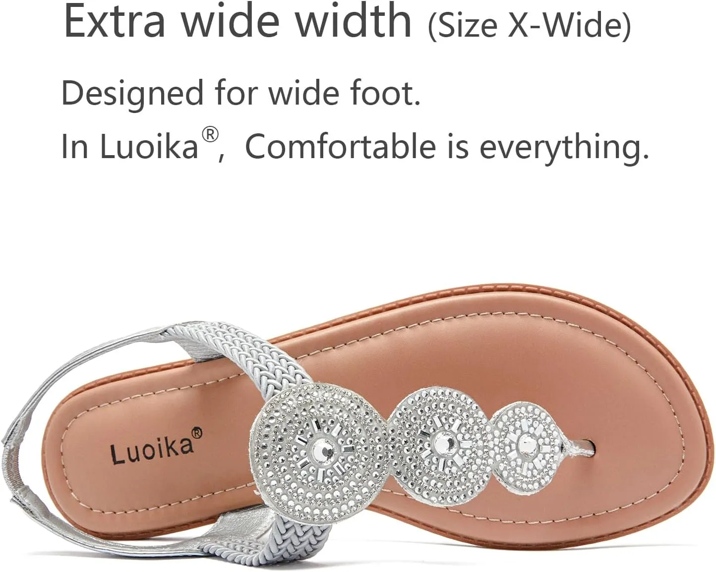 Luoika Women's Wide Width Flat Sandals, Flip Flop Thong Sandals Strappy Rhinestone Comfortable Summer Beach Shoes for Women.