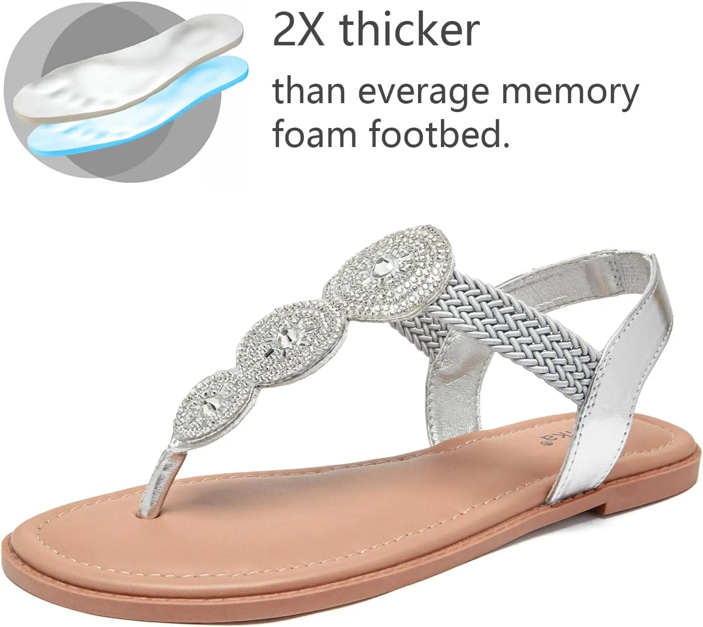 Luoika Women's Wide Width Flat Sandals, Flip Flop Thong Sandals Strappy Rhinestone Comfortable Summer Beach Shoes for Women.