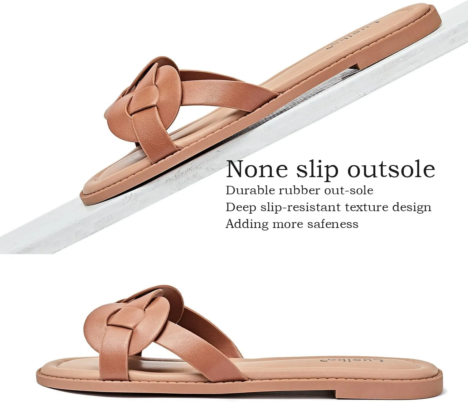 Luoika Women's Wide Width Flat Slides Sandals, Casual Comfortable Summer Beach Shoes Slip on Slide Sandal for Women.
