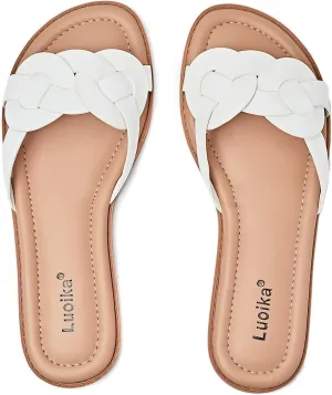 Luoika Women's Wide Width Flat Slides Sandals, Casual Comfortable Summer Beach Shoes Slip on Slide Sandal for Women.