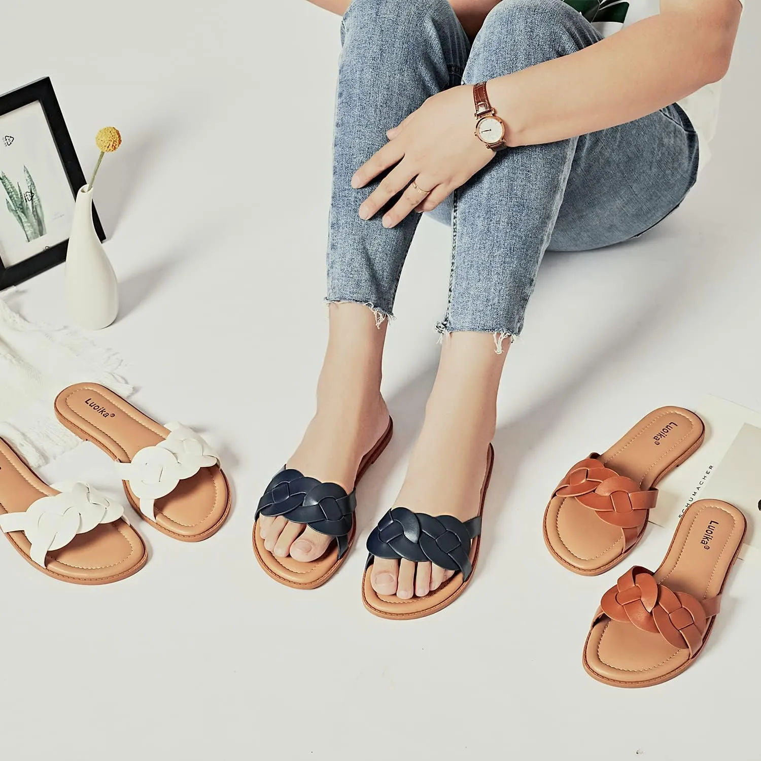 Luoika Women's Wide Width Flat Slides Sandals, Casual Comfortable Summer Beach Shoes Slip on Slide Sandal for Women.