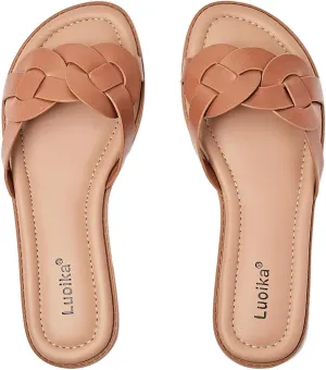 Luoika Women's Wide Width Flat Slides Sandals, Casual Comfortable Summer Beach Shoes Slip on Slide Sandal for Women.