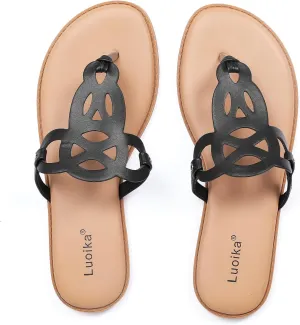 Luoika Women's Wide Width Flat Slides Sandals, Flip Flop Strappy Rhinestone Thong Sandals Comfortable Summer Beach Shoes for Women.