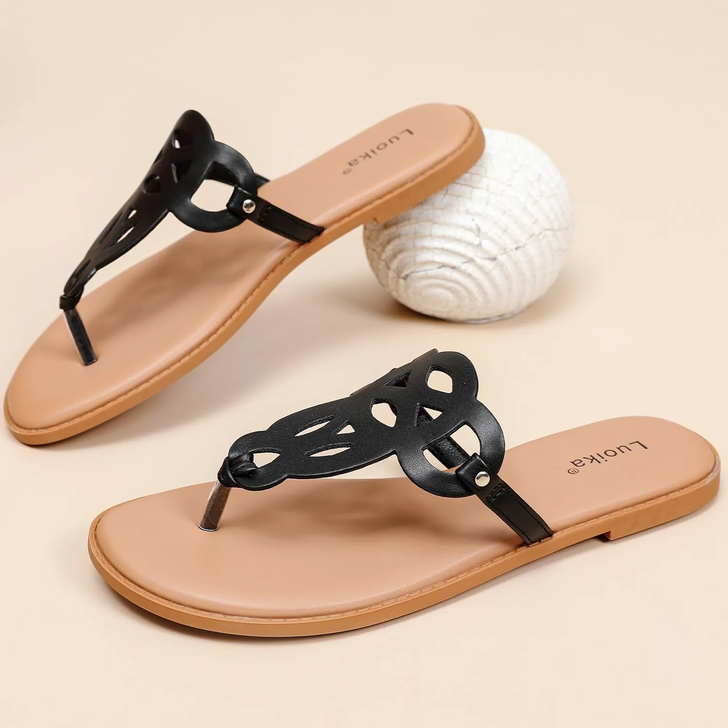 Luoika Women's Wide Width Flat Slides Sandals, Flip Flop Strappy Rhinestone Thong Sandals Comfortable Summer Beach Shoes for Women.