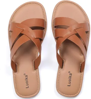Luoika Women's Wide Width Flat Slides Sandals, Strapy Slide Sandal Slip on Dressy Summer Shoes for Women.
