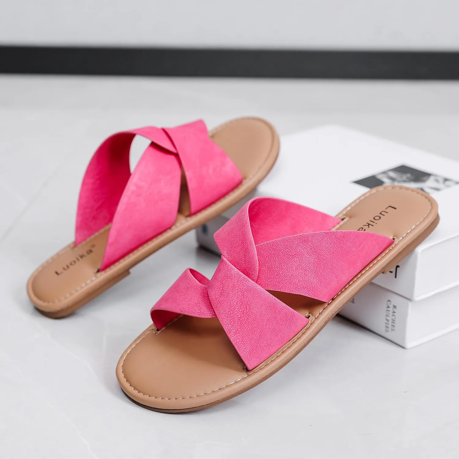 Luoika Women's Wide Width Flat Slides Sandals, Strapy Slide Sandal Slip on Dressy Summer Shoes for Women.