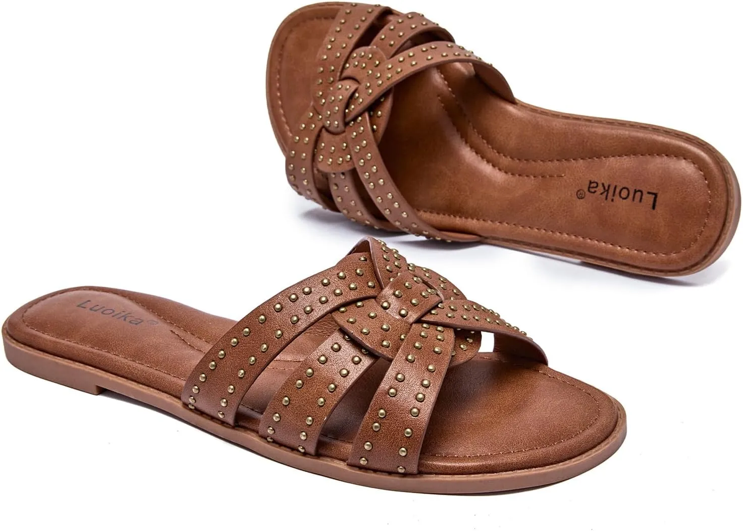 Luoika Women's Wide Width Flat Slides Sandals, Strapy Slide Sandal Slip on Dressy Summer Shoes for Women.