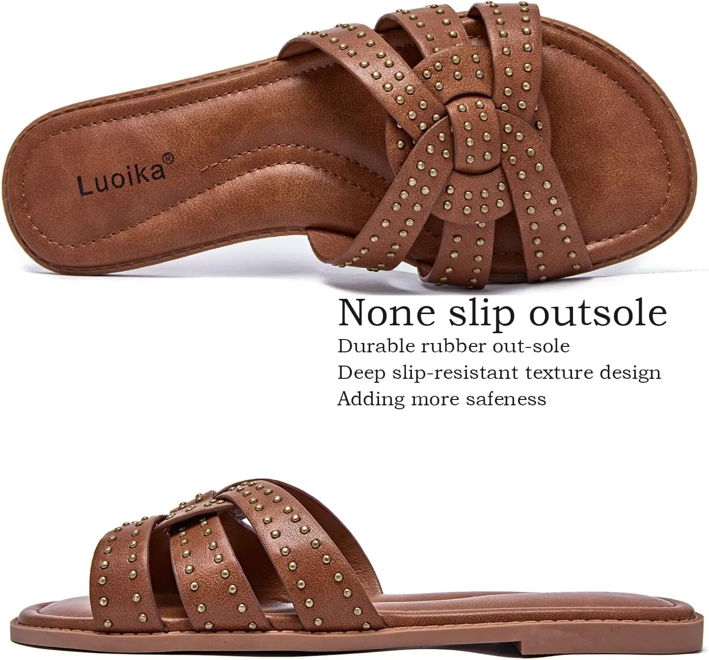 Luoika Women's Wide Width Flat Slides Sandals, Strapy Slide Sandal Slip on Dressy Summer Shoes for Women.