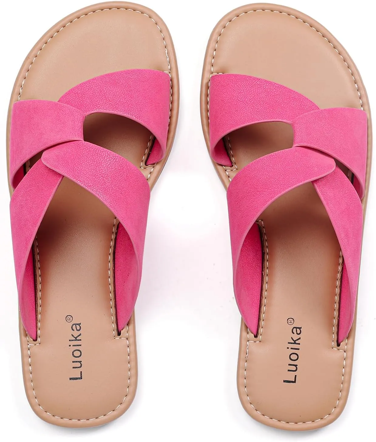 Luoika Women's Wide Width Flat Slides Sandals, Strapy Slide Sandal Slip on Dressy Summer Shoes for Women.