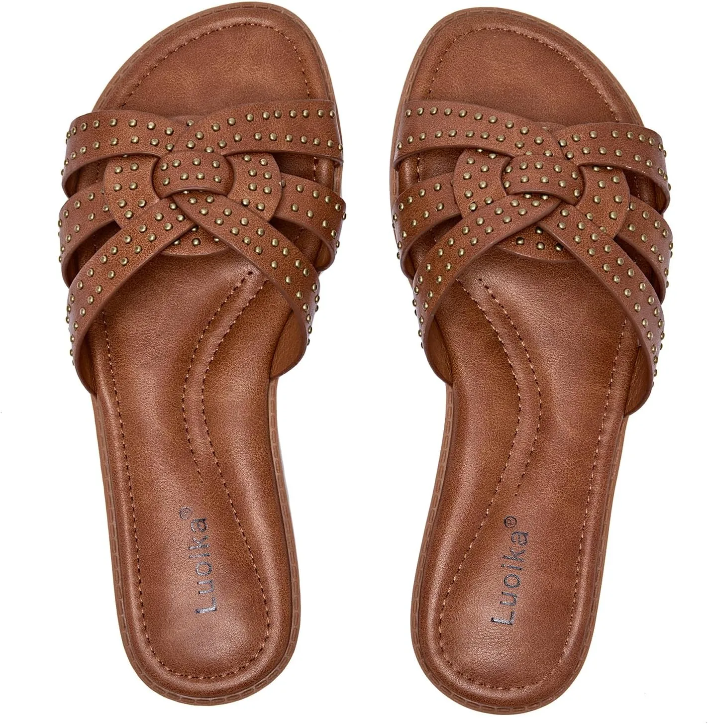 Luoika Women's Wide Width Flat Slides Sandals, Strapy Slide Sandal Slip on Dressy Summer Shoes for Women.