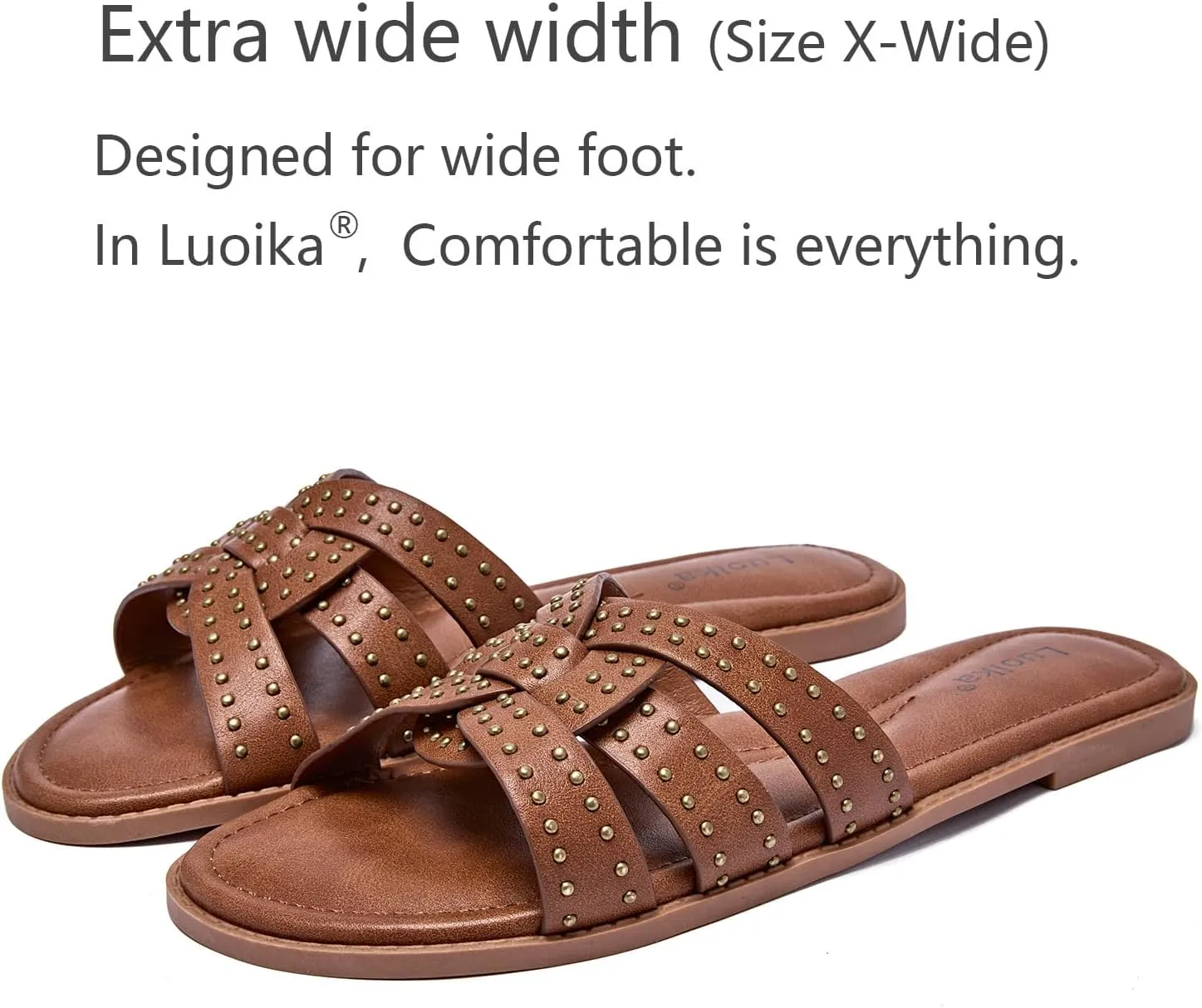 Luoika Women's Wide Width Flat Slides Sandals, Strapy Slide Sandal Slip on Dressy Summer Shoes for Women.