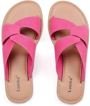 Luoika Women's Wide Width Flat Slides Sandals, Strapy Slide Sandal Slip on Dressy Summer Shoes for Women.
