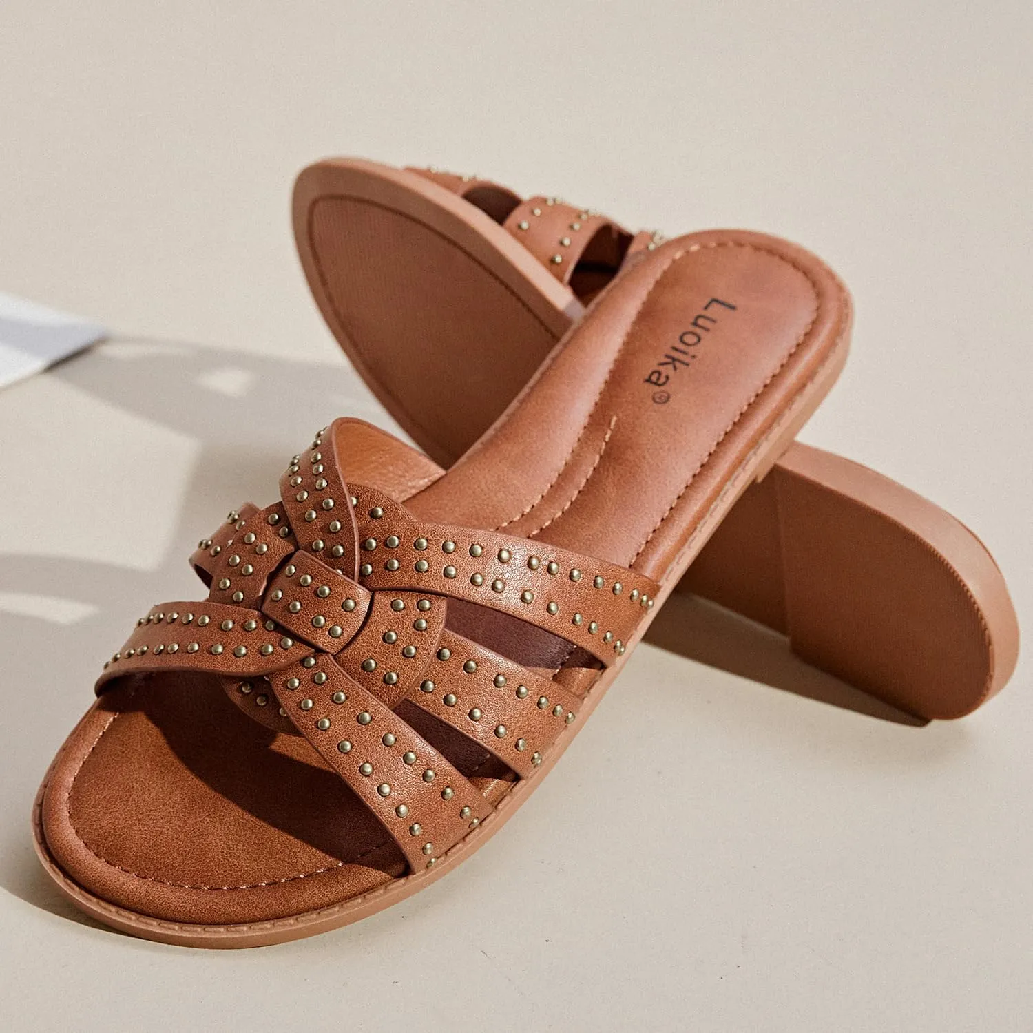 Luoika Women's Wide Width Flat Slides Sandals, Strapy Slide Sandal Slip on Dressy Summer Shoes for Women.