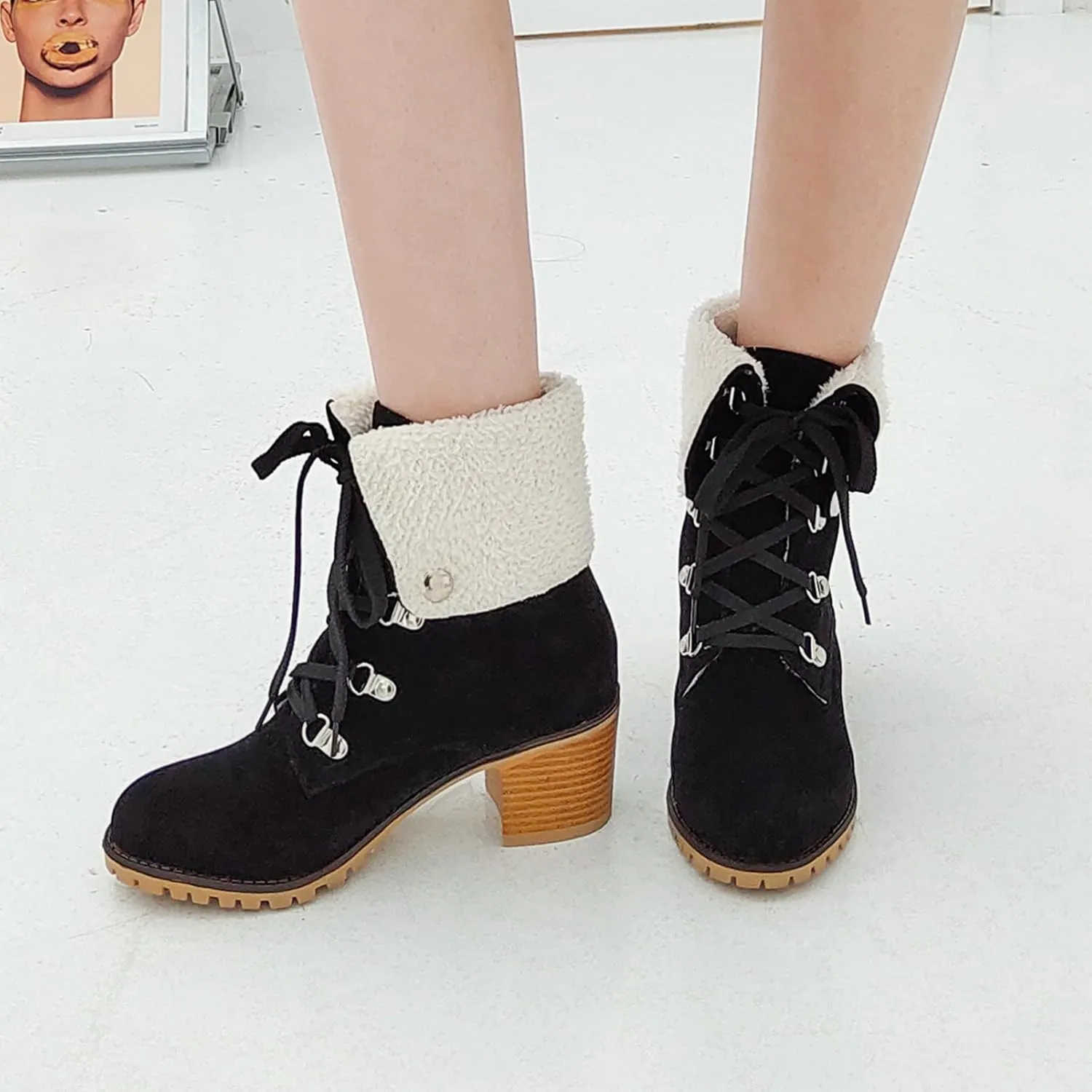 LUXMAX Women Lace Up Fold Over Ankle Boots Block Heel Winter Warm Booties