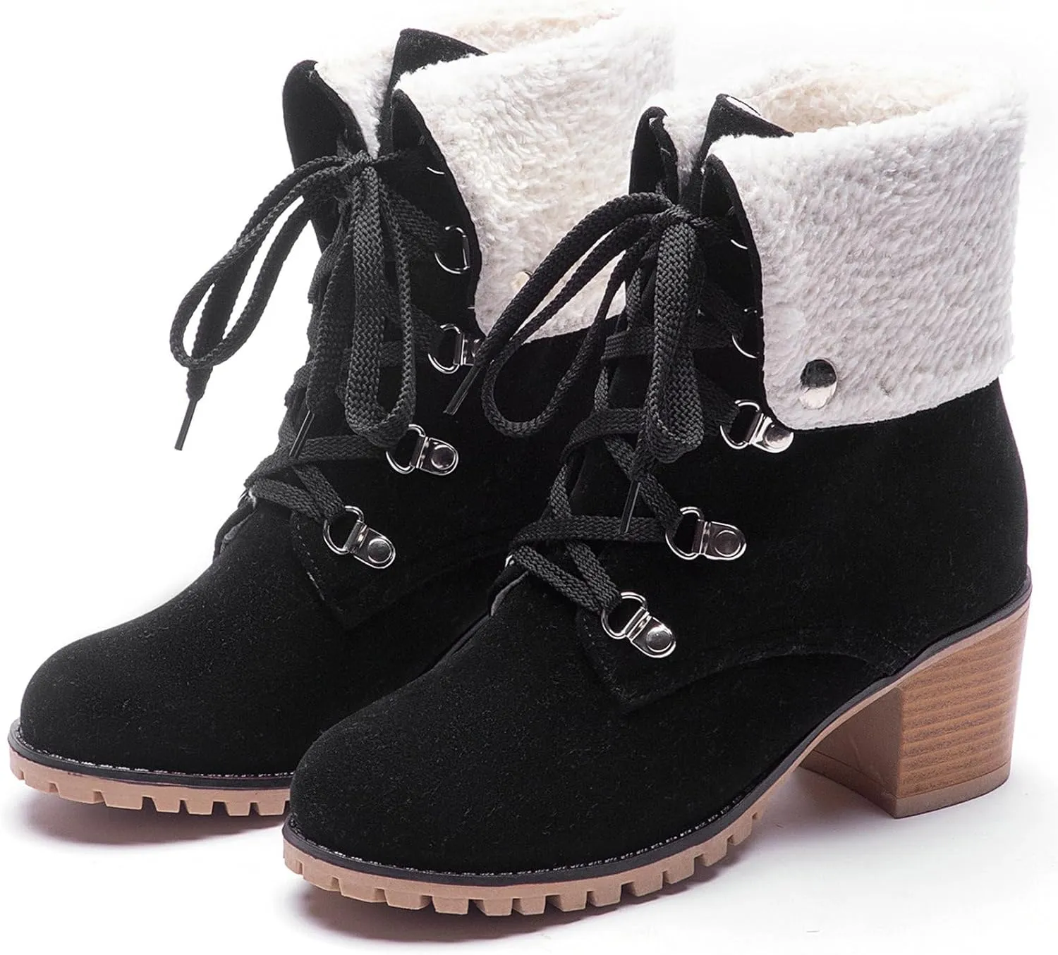 LUXMAX Women Lace Up Fold Over Ankle Boots Block Heel Winter Warm Booties