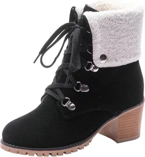 LUXMAX Women Lace Up Fold Over Ankle Boots Block Heel Winter Warm Booties