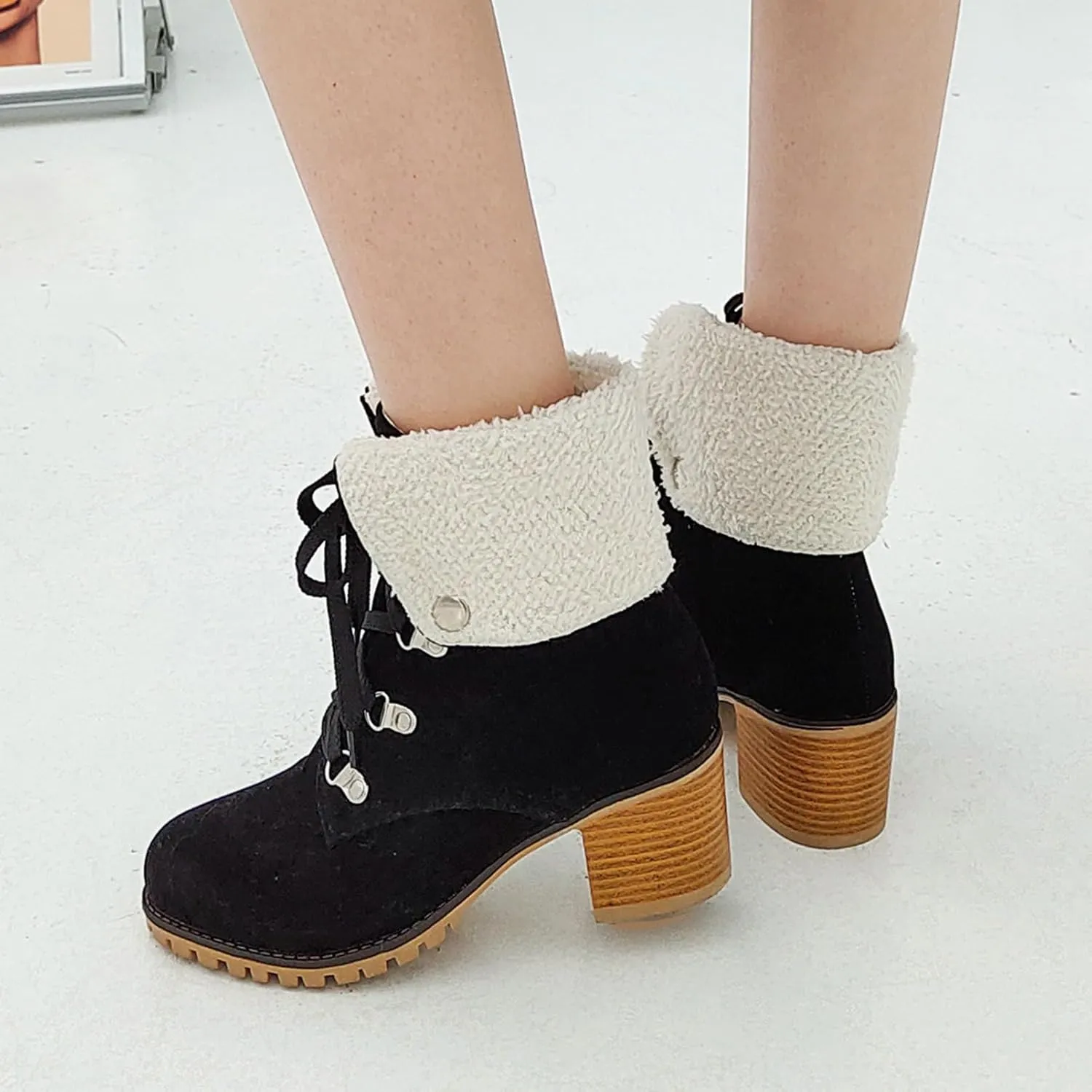 LUXMAX Women Lace Up Fold Over Ankle Boots Block Heel Winter Warm Booties