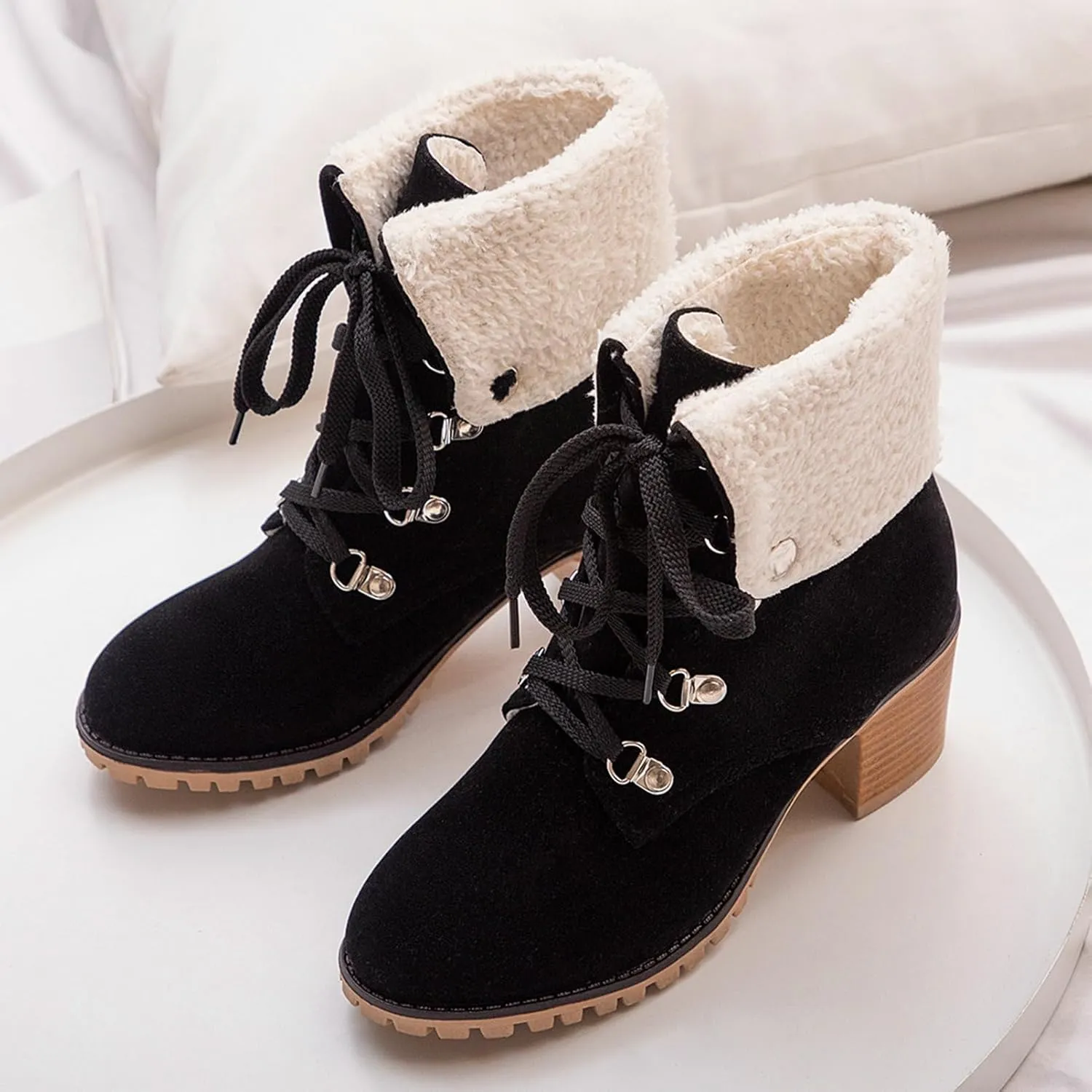 LUXMAX Women Lace Up Fold Over Ankle Boots Block Heel Winter Warm Booties