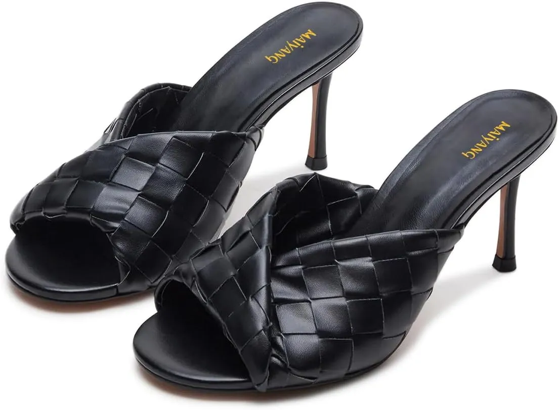 Maiyang Women Trendy Open Toe Slip on Braided Mules Stiletto High Heel Party Event Daily Walking Slide Sandals Size 4-16 US