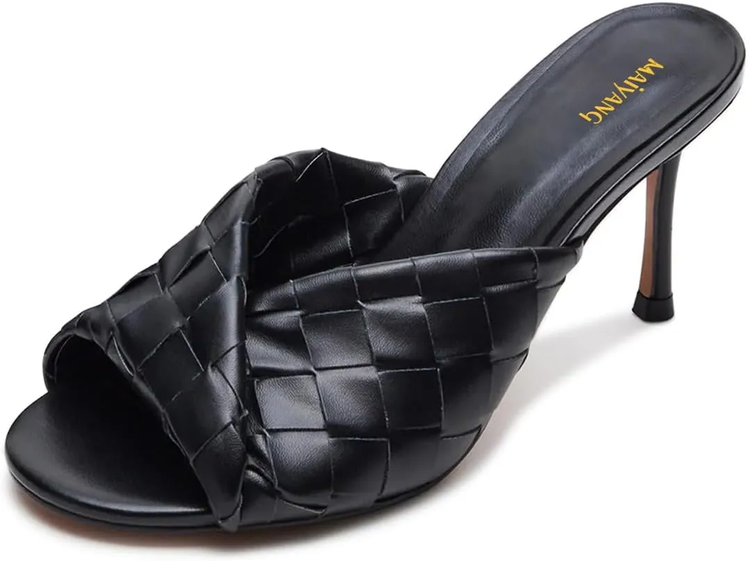 Maiyang Women Trendy Open Toe Slip on Braided Mules Stiletto High Heel Party Event Daily Walking Slide Sandals Size 4-16 US