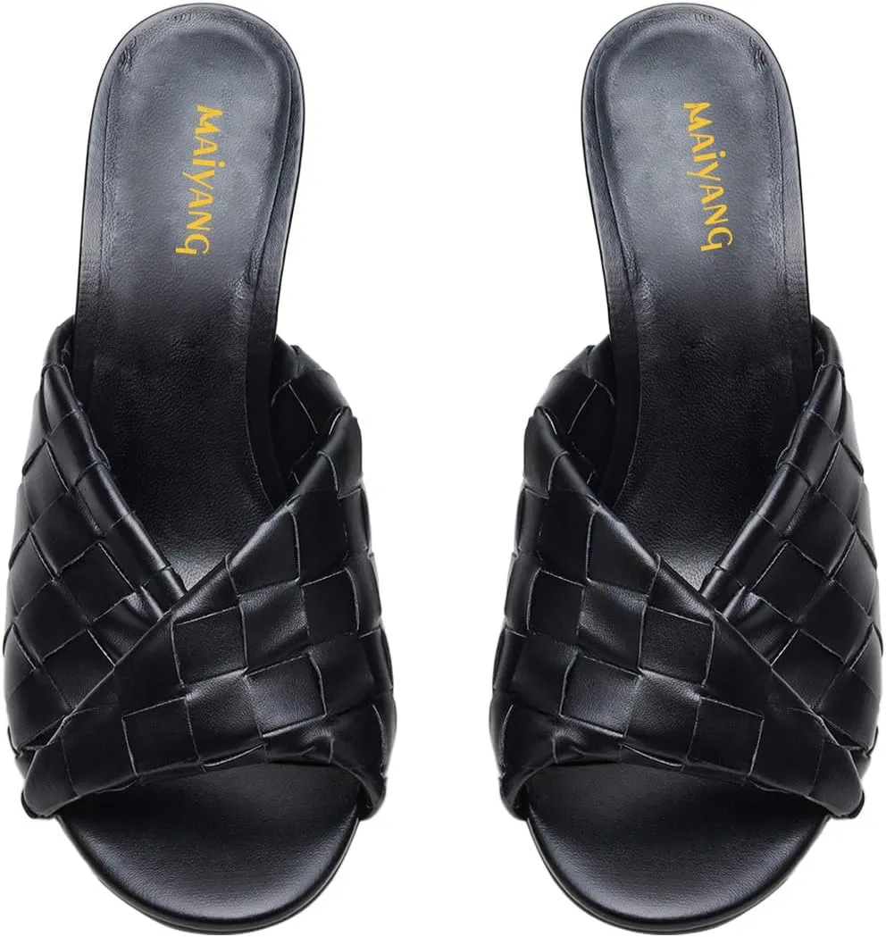Maiyang Women Trendy Open Toe Slip on Braided Mules Stiletto High Heel Party Event Daily Walking Slide Sandals Size 4-16 US