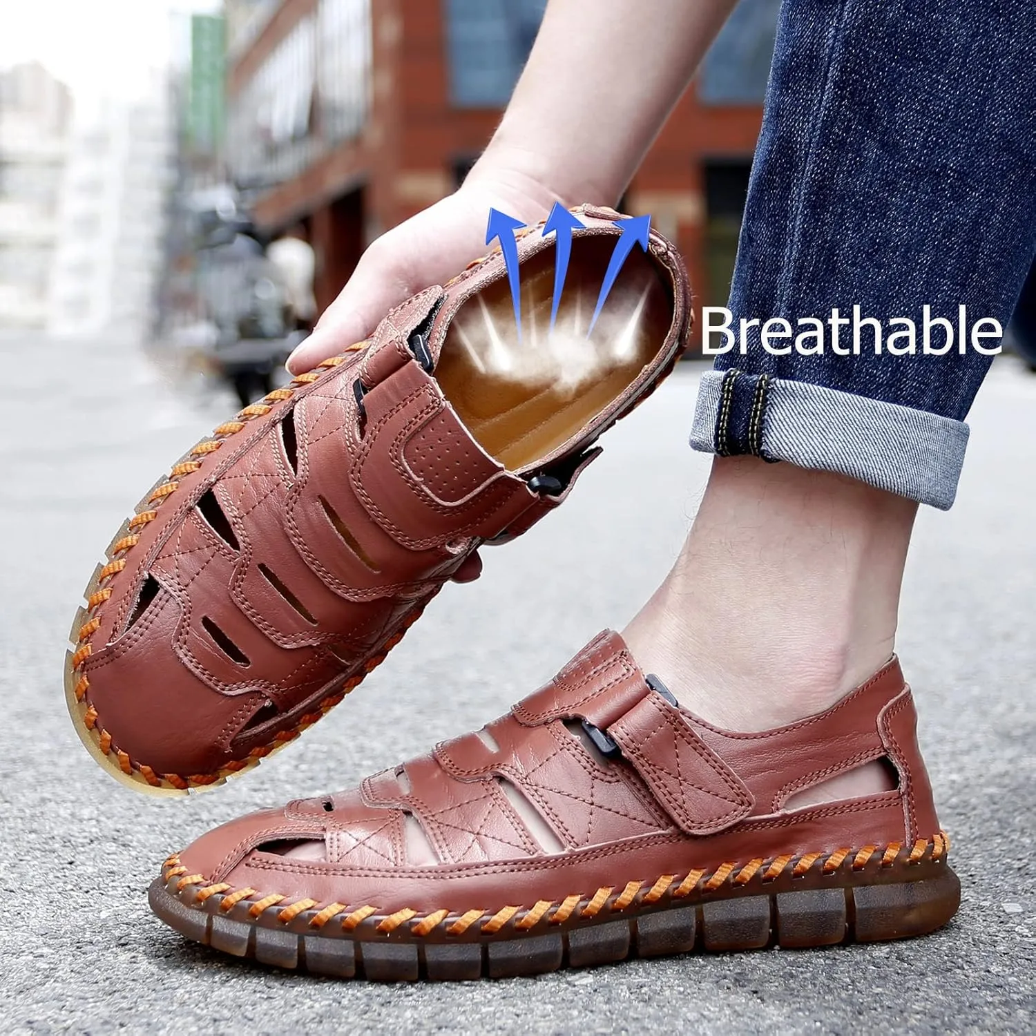 MAIZUN Men's Sandal Leather Casual Closed Toe Beach Fisherman Shoes Outdoor Summer Sports Sandals