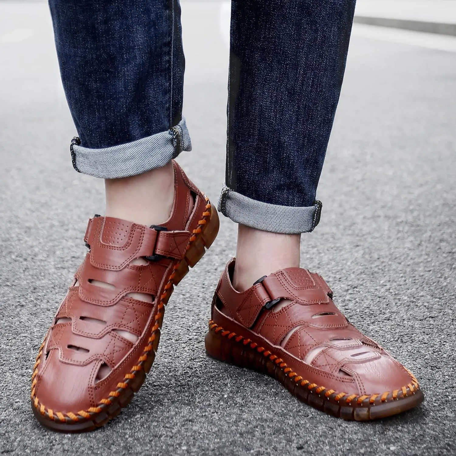 MAIZUN Men's Sandal Leather Casual Closed Toe Beach Fisherman Shoes Outdoor Summer Sports Sandals