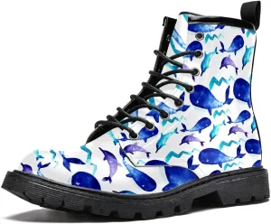 MAPOLO Boots for Women Watercolor Blue Whale Dolphin Print Fashion Women's High Top Boots Outdoor Sneakers Custom Shoes Slip Resistant Warm Snow Boot