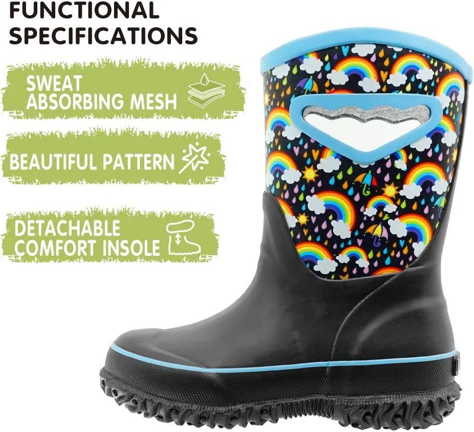 MCIKCC Kids Rain Boots Waterproof Neoprene Mud Rubber Boot Non-slip with Easy on Handles for Toddler Girls Boys Youth