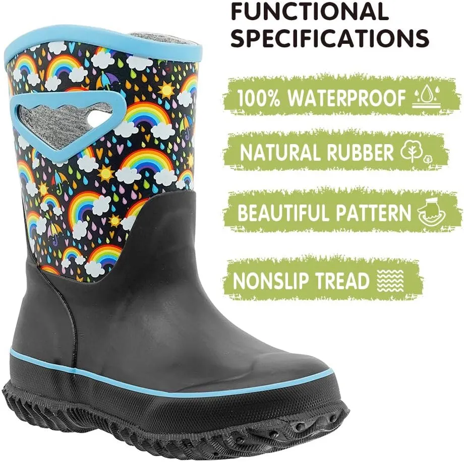 MCIKCC Kids Rain Boots Waterproof Neoprene Mud Rubber Boot Non-slip with Easy on Handles for Toddler Girls Boys Youth