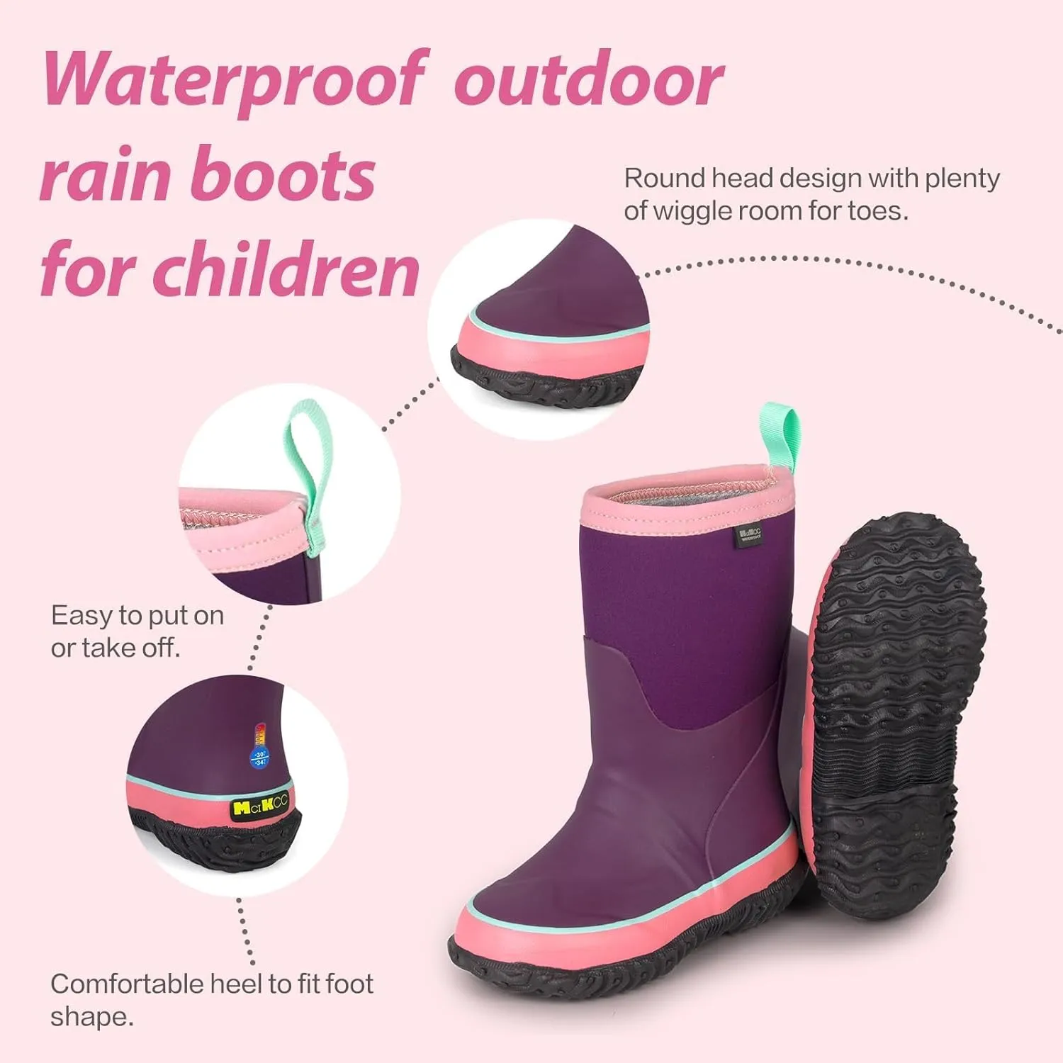 MCIKCC Kids Rain Boots - Waterproof Neoprene Snow Boots for Boys Toddlers, Non-Slip Winter Mud Boots with Warm Lining (Multiple Sizes)