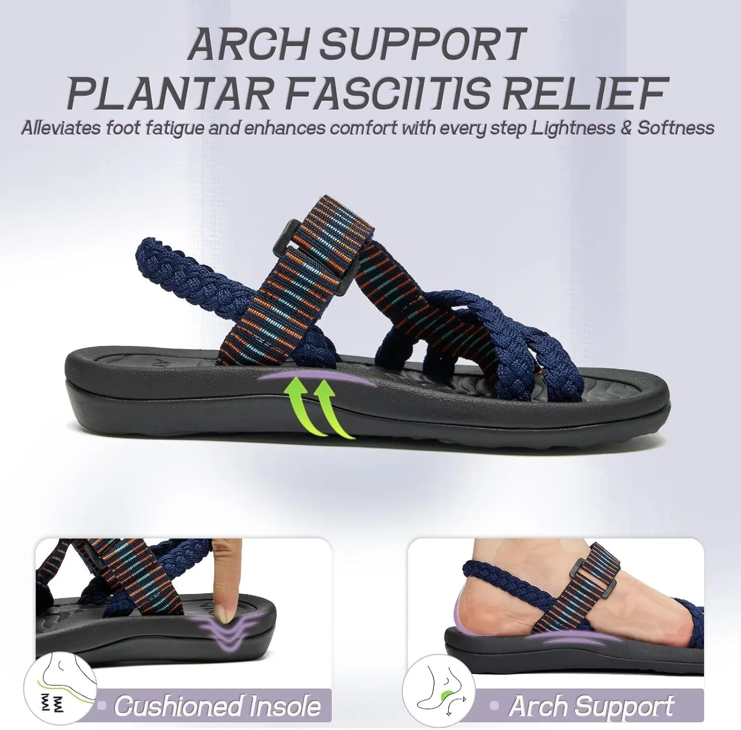 MEGNYA Comfortable Womens Hiking Sandals, Flip Flop Walking Sandals with Arch Support, Athletic Sandals with Hook and Loop Straps for Beach Vacation Adventure