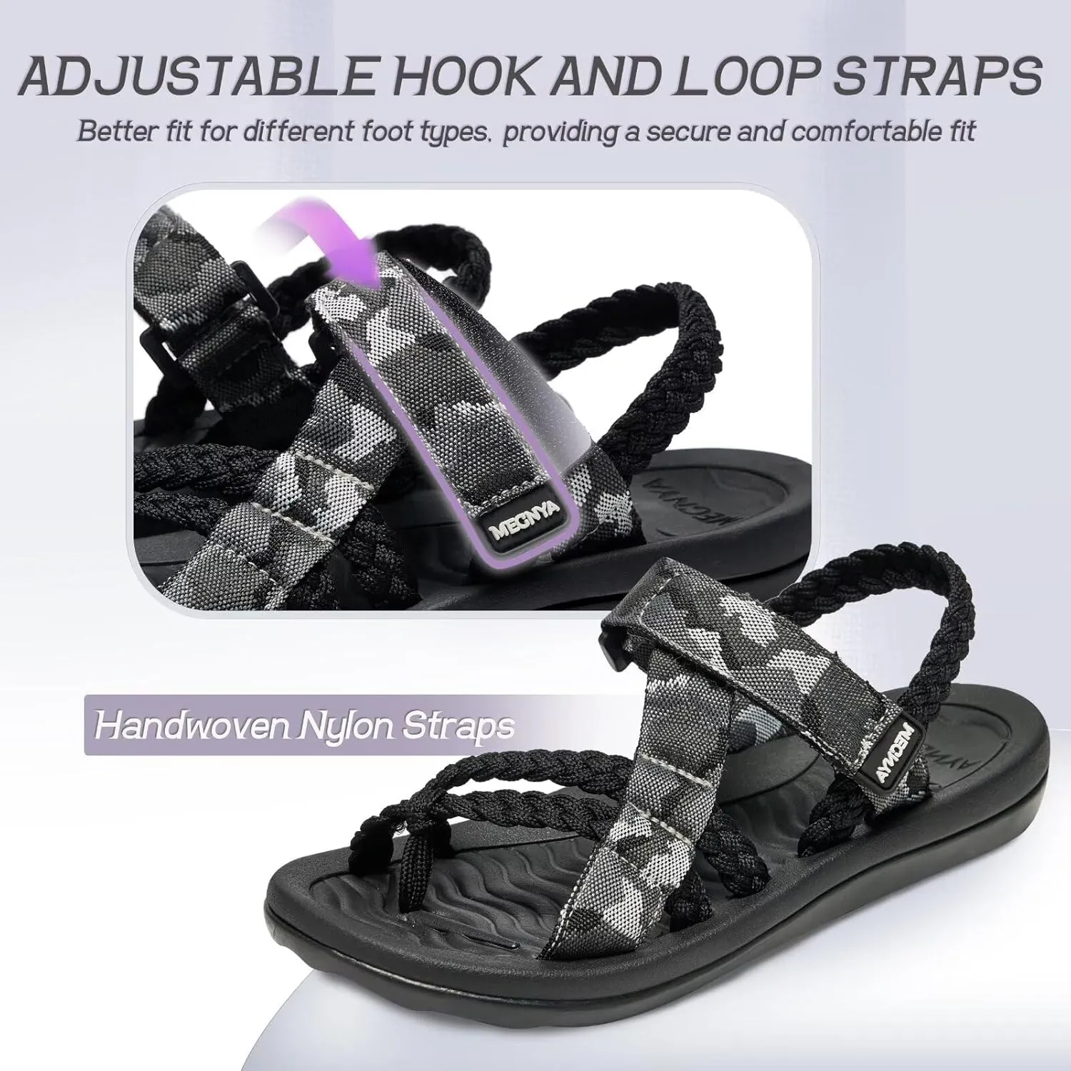 MEGNYA Comfortable Womens Hiking Sandals, Flip Flop Walking Sandals with Arch Support, Athletic Sandals with Hook and Loop Straps for Beach Vacation Adventure