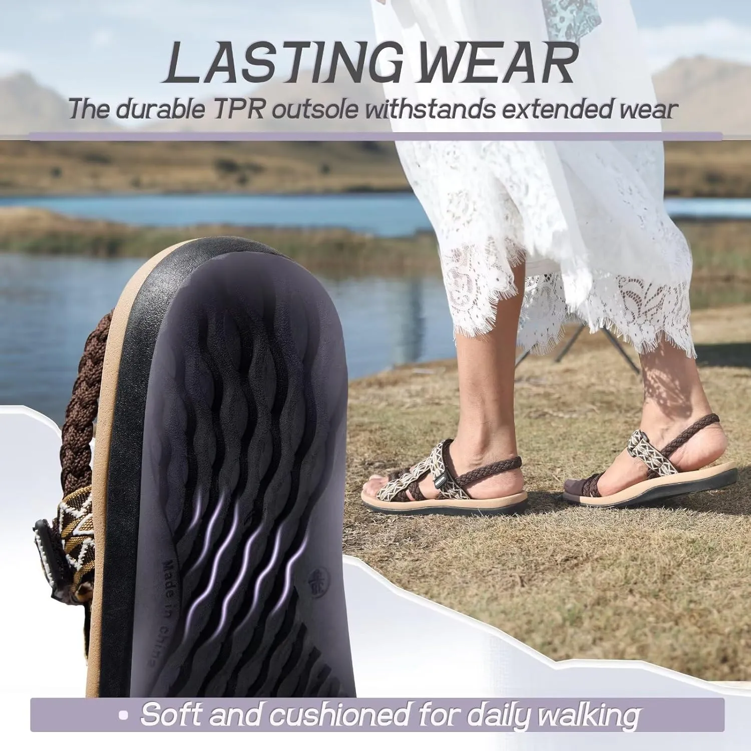 MEGNYA Comfortable Womens Hiking Sandals, Flip Flop Walking Sandals with Arch Support, Athletic Sandals with Hook and Loop Straps for Beach Vacation Adventure