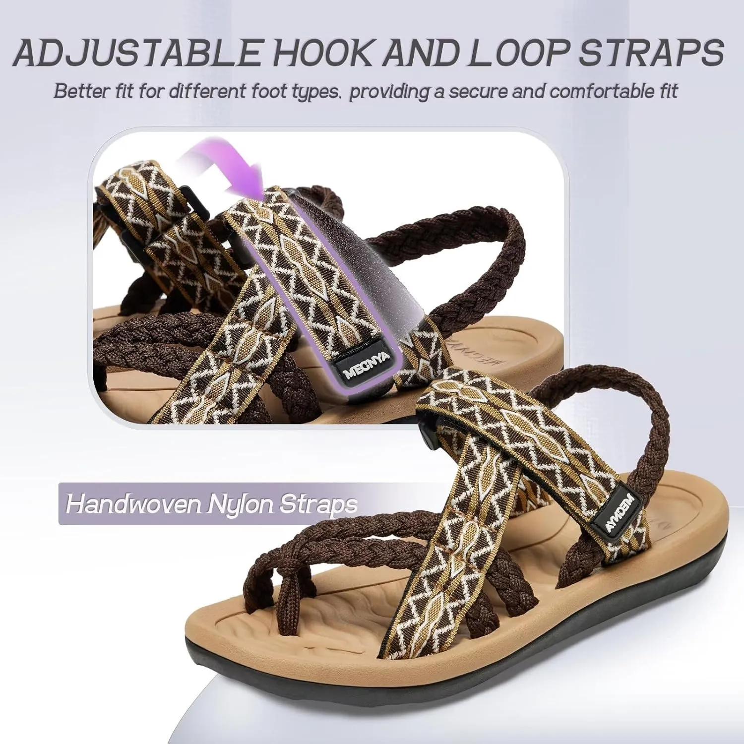 MEGNYA Comfortable Womens Hiking Sandals, Flip Flop Walking Sandals with Arch Support, Athletic Sandals with Hook and Loop Straps for Beach Vacation Adventure