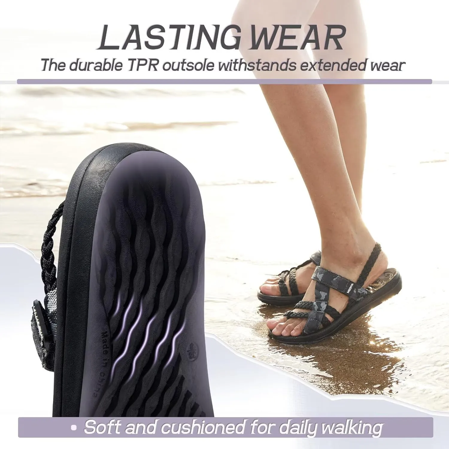 MEGNYA Comfortable Womens Hiking Sandals, Flip Flop Walking Sandals with Arch Support, Athletic Sandals with Hook and Loop Straps for Beach Vacation Adventure