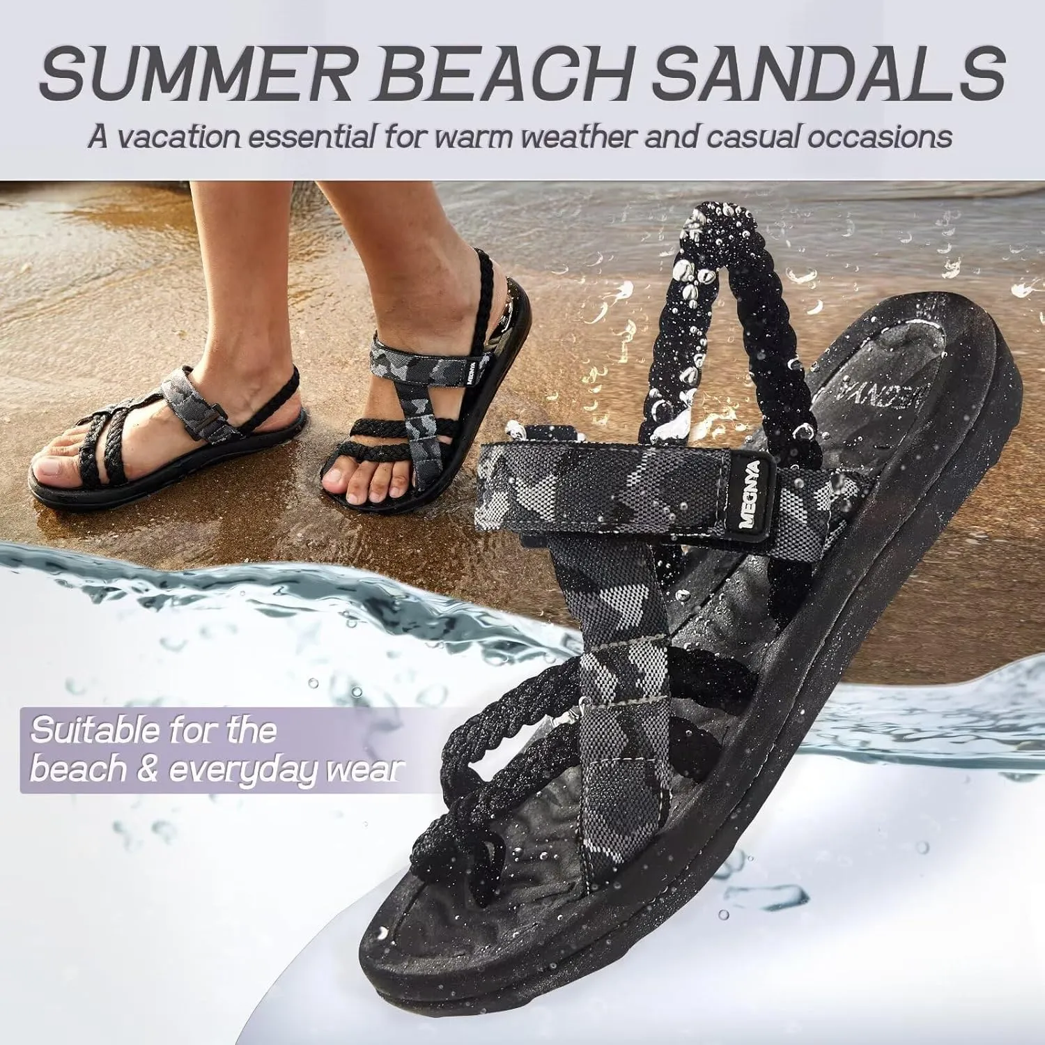 MEGNYA Comfortable Womens Hiking Sandals, Flip Flop Walking Sandals with Arch Support, Athletic Sandals with Hook and Loop Straps for Beach Vacation Adventure