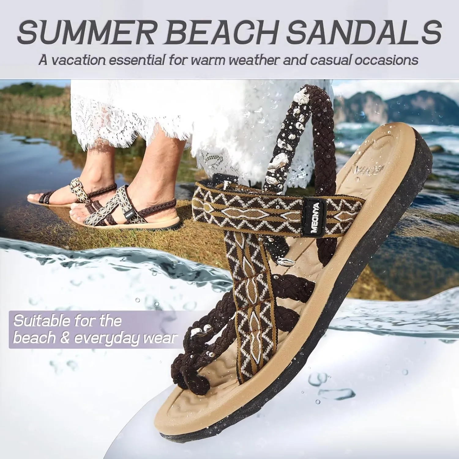 MEGNYA Comfortable Womens Hiking Sandals, Flip Flop Walking Sandals with Arch Support, Athletic Sandals with Hook and Loop Straps for Beach Vacation Adventure