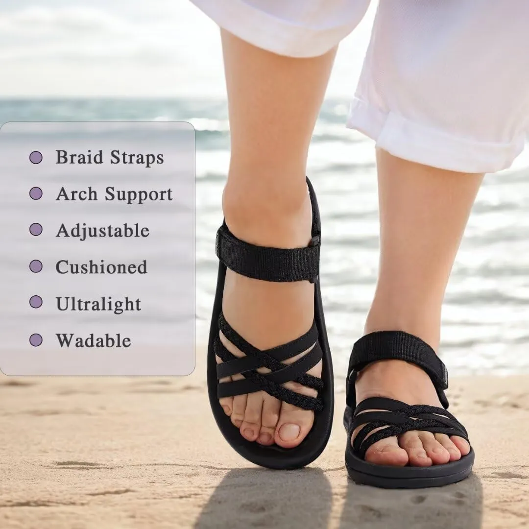 MEGNYA Hiking Sandals for Womens, Arch Support Comfortable Walking Sandals Hook Loop Strap, Casual Sports Summer Waterproof Lightweight Slides