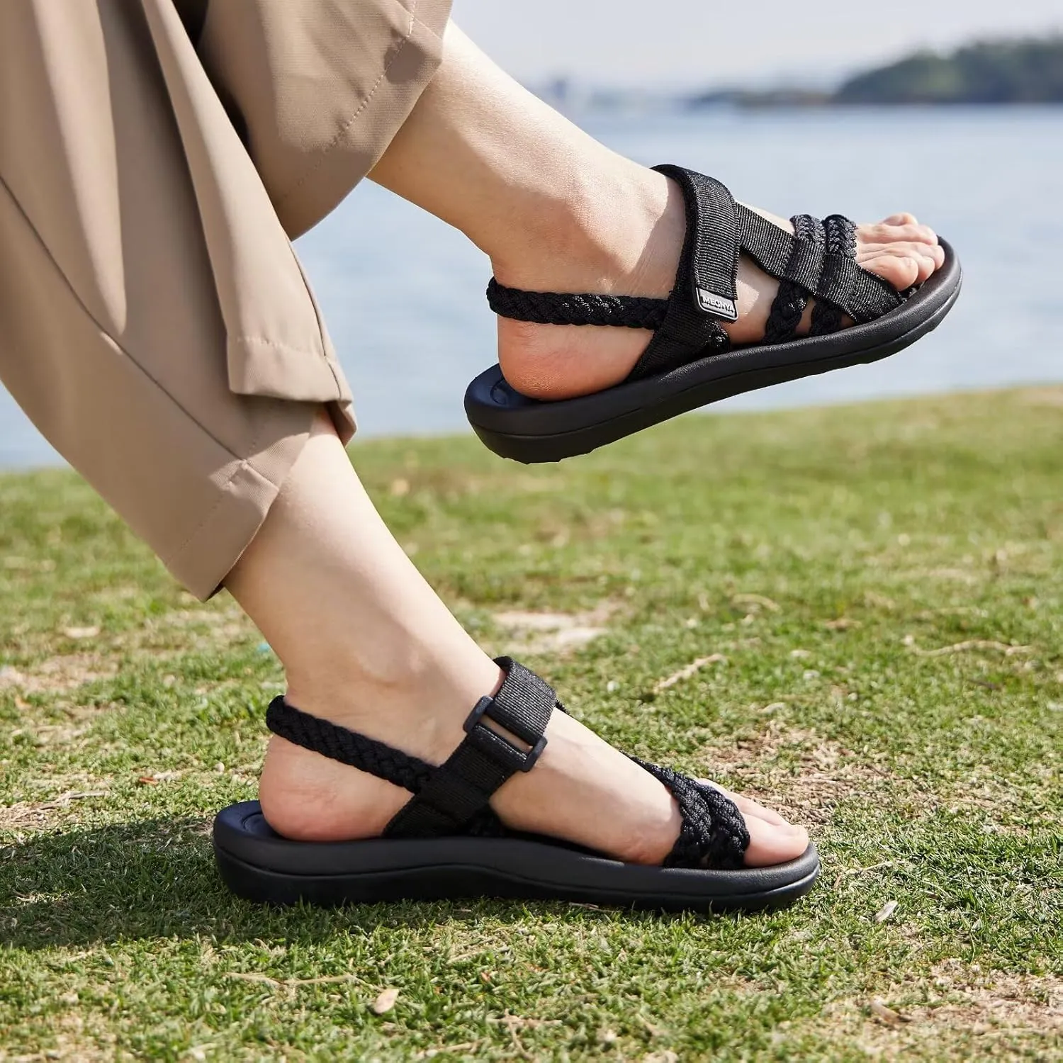 MEGNYA Hiking Sandals for Womens, Comfortable Walking Flip Flop Sandals with Arch Support, Athletic Sandals with Hook and Loop Straps for Beach Vacation Adventure