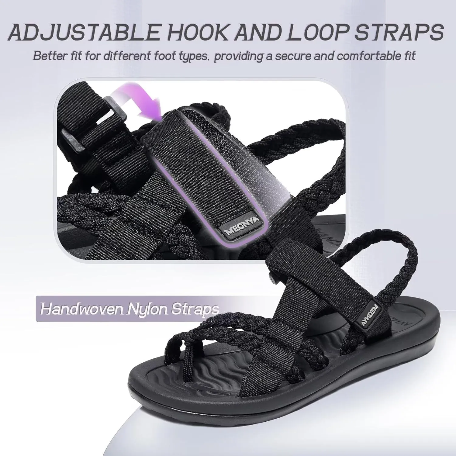 MEGNYA Hiking Sandals for Womens, Comfortable Walking Flip Flop Sandals with Arch Support, Athletic Sandals with Hook and Loop Straps for Beach Vacation Adventure